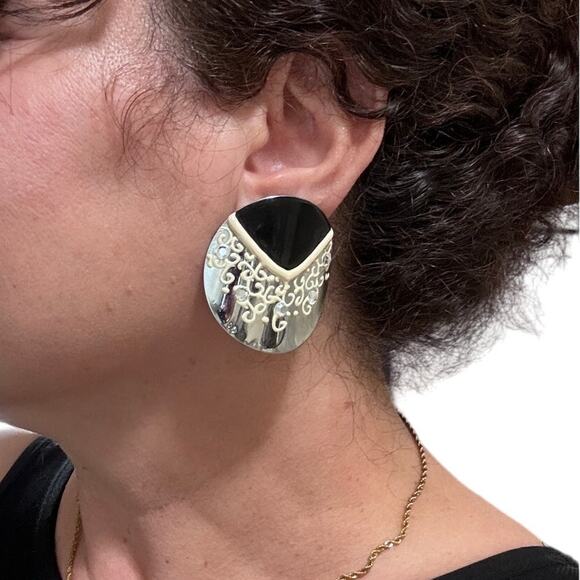 Vintage LA Rage Silver, Black and White Modernist Pierced Earrings - Picture 4 of 4